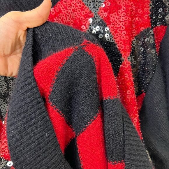 Vintage 90’s Sweater Black Red Argyle Sequin Wool Angora Silk Turtle Neck Size M - Picture 8 of 15